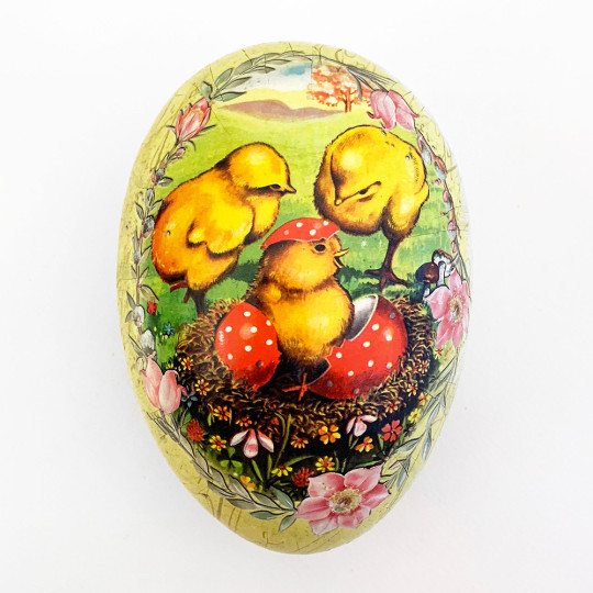 6" Vintage Style Chicks and Nest Papier Mache Easter Egg Container ~ Germany